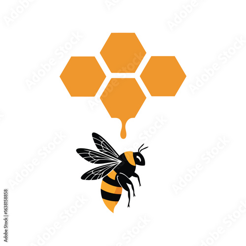 Bee flying near honeycomb with dripping honey insect vector illustration nature apiary sweet food