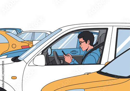 Vector illustration man driving car using mobile phone in traffic jam