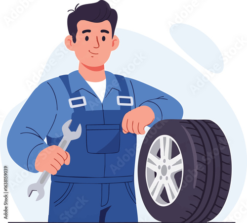 Professional auto mechanic in a blue uniform holding a spanner. Vector illustration for a car repair and tire maintenance service.