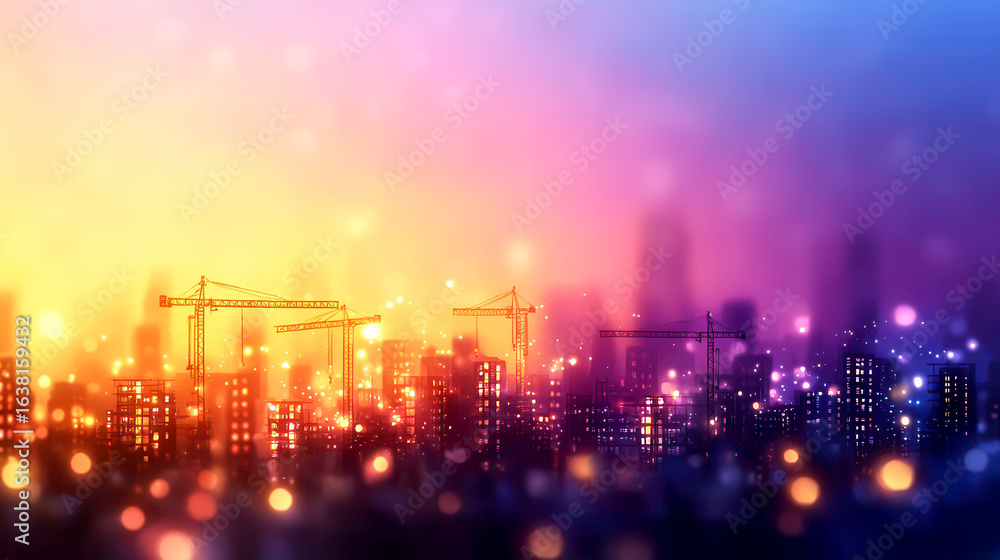Obraz premium Urban skyline with vibrant colors and construction cranes at sunset dusk