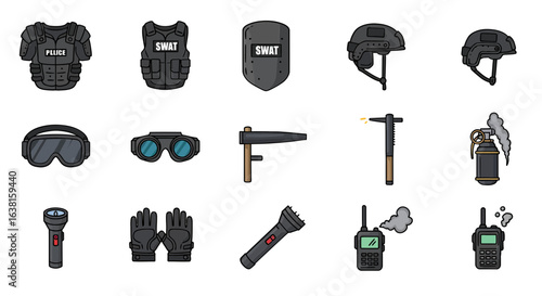 Law enforcement tactical gear and special police unit equipment icon set for operational concepts
