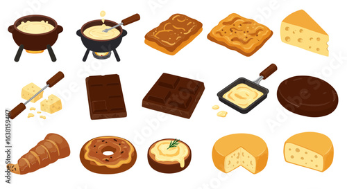 A delectable collection of illustrated food icons showing cheese, chocolate, fondue, and dessert preparation
