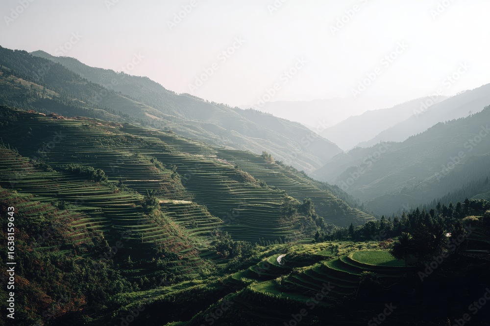 Naklejka premium Lush terraced rice paddies ascend misty mountain slopes