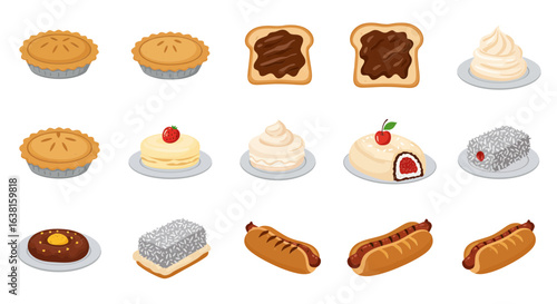 A diverse collection of illustrated bakery desserts and classic snacks, featuring pies, cakes, toast, and hot dogs