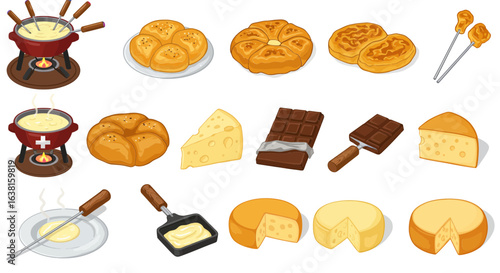Swiss gastronomy illustration set featuring fondue, raclette cheese, chocolate, and traditional breads