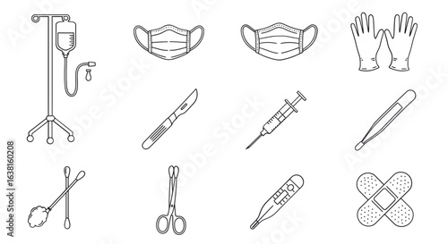 Medical equipment and surgery instrument outline icon set. Vector illustration of healthcare supplies like a syringe, scalpel, and face mask.