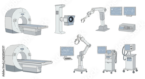 A set of modern medical equipment illustrations featuring an MRI scanner, robotic surgery arm, and diagnostic devices.