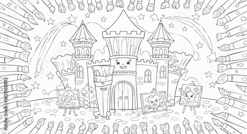 A cheerful art castle and many cartoon paintbrushes on a coloring page. Vector line art for creative activities and fun.