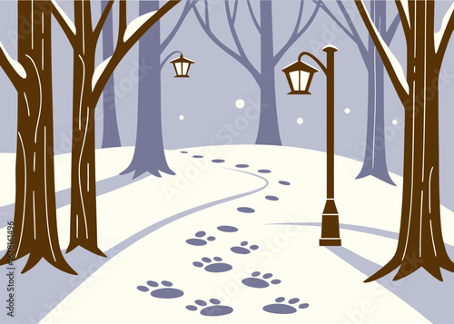 Vector illustration of winter landscape with snowy trees, serene seasonal scenery artwork, cold weather forest scene in minimal flat design