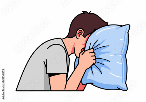 Man burying face in pillow experiencing stress or sleep deprivation
