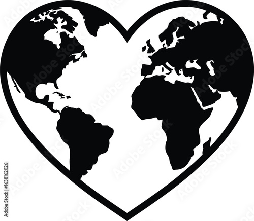 Black Silhouette of Earth within a Heart Shape on White Background globe world