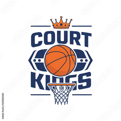 Court Kings vector emblem, basketball logo, with crown and hoop, royal sports team graphic
