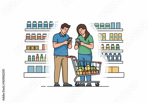 Flat vector couple using smartphones at grocery store aisle