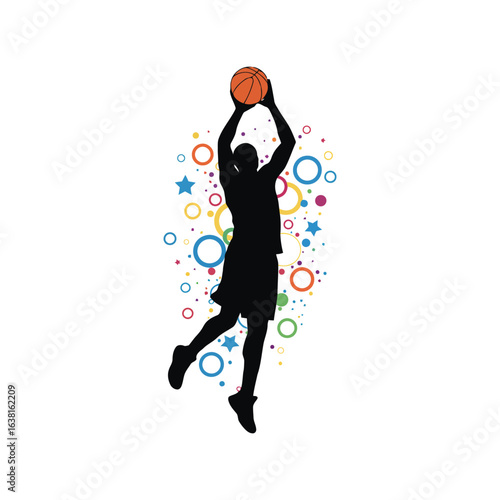 Basketball player silhouette jumping for a shot dynamic action sports graphic isolated vector