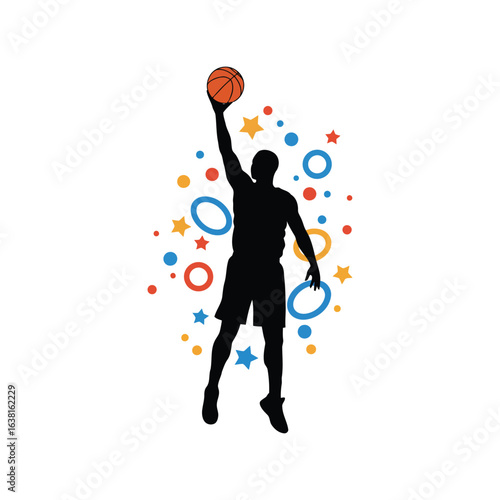 Basketball player silhouette dunking with colorful abstract background