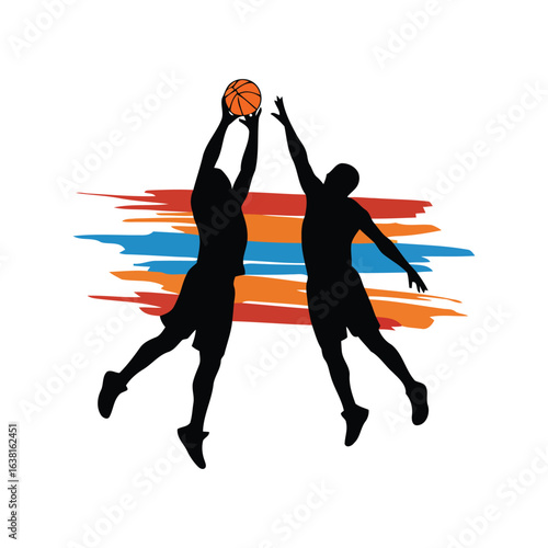 Basketball players jumping for ball dynamic action silhouette sports illustration