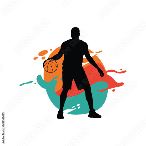 Basketball player silhouette dribbling with colorful splash background sports action illustration