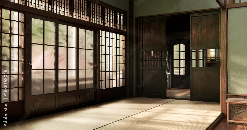 Obraz premium Wabisabi style living interior Green japanese room.3D rendering