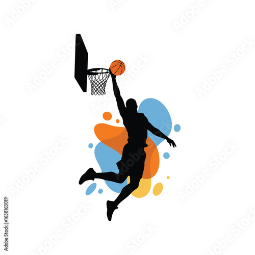 Basketball player dunking silhouette dynamic sports action athletic achievement game excitement isolated vector graphic