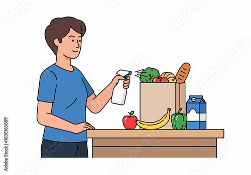 Flat vector person sanitizing groceries at table