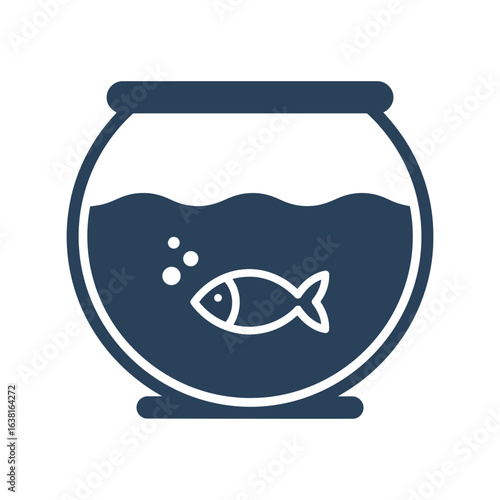 Simple fishbowl illustration with single fish and bubbles aquatic pet home icon
