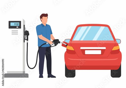 Flat vector man refueling red car at gas station
