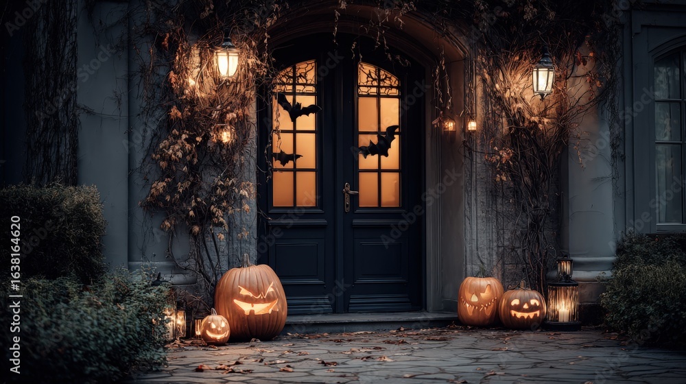 Obraz premium Spooky Halloween Entrance with Carved Pumpkins and Bats Silhouetted Against Lit Doorway, Festive Holiday Decor