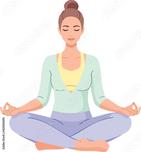 Calm woman meditating in the lotus position, practicing yoga for mindfulness and relaxation. Vector illustration for wellness concepts.