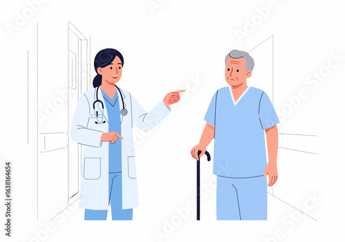 Flat illustration doctor woman consults elderly man with cane