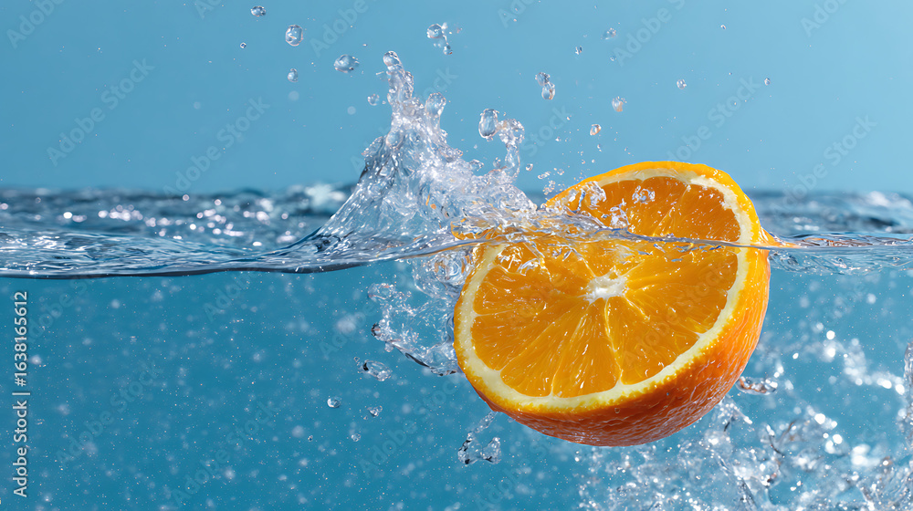 High-Speed Beverage Splash With Orange Slice In Sparkling Water High-Speed Beverage Splash With Orange Slice In Sparkling Water