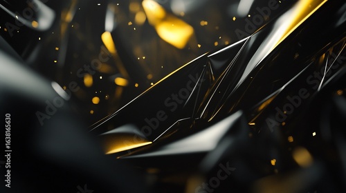 Modern black and gold abstract backdrop with flowing dynamic shapes and sparkling dust
