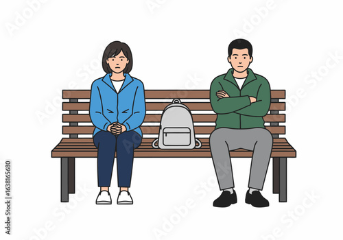 Flat vector couple sitting on park bench with backpack between them