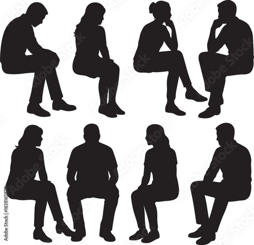 vector set of silhouttee detailed people sitting on white background