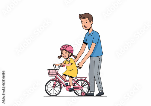 Flat vector father teaching daughter to ride bicycle outdoors