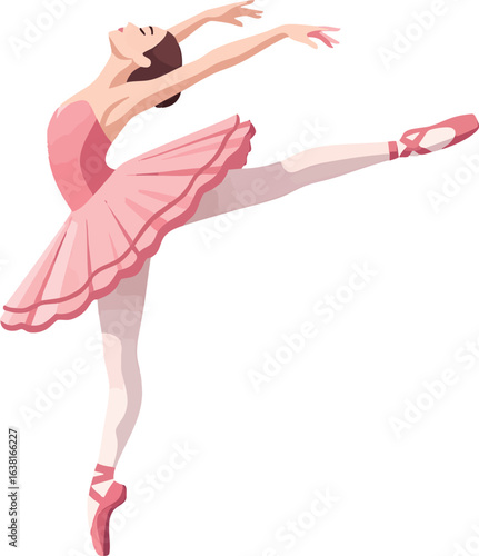 A graceful ballerina in a pink tutu, performing a soaring arabesque.