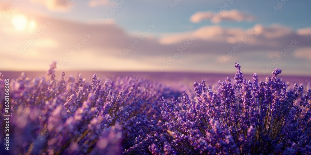 Fototapeta premium Lavender Field at Sunset: Aromatic Purple Flowers in Bloom Under a Golden Sky