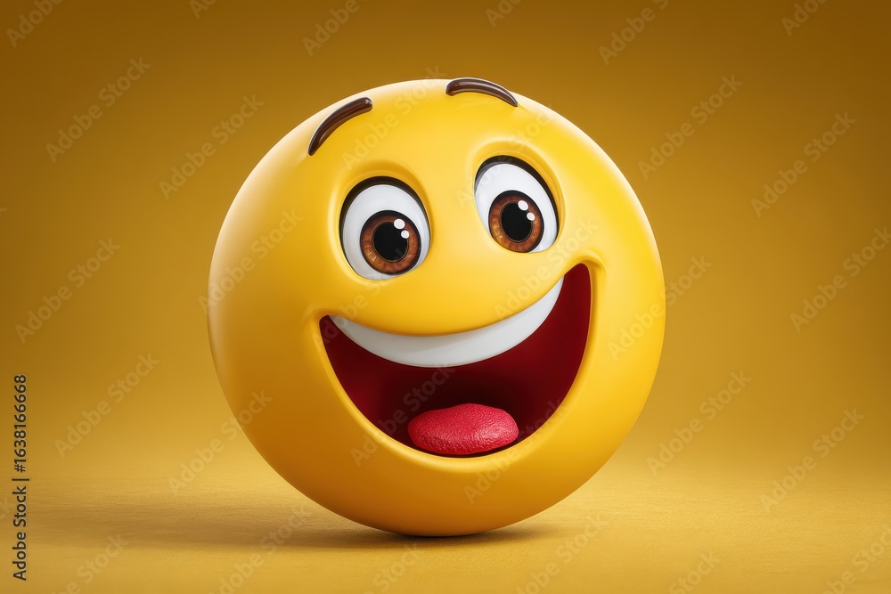 Fototapeta premium Happy yellow emoji character with big smile and wide eyes