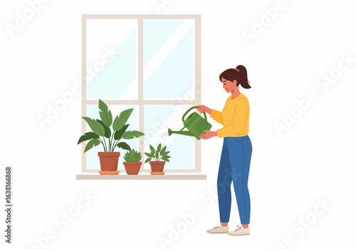 Flat vector woman watering potted plants on windowsill
