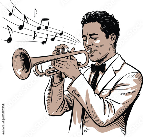 Elegant Man in Suit Playing Trumpet with Flowing Musical Notes