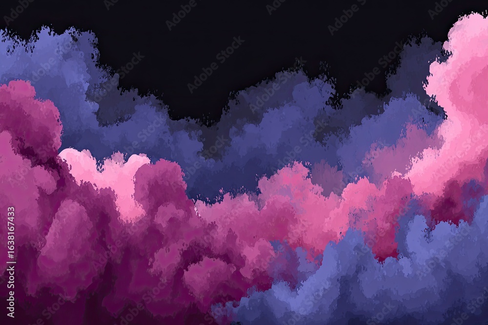 Naklejka premium Abstract painting of swirling, textured clouds in shades of pink and purple on a dark background