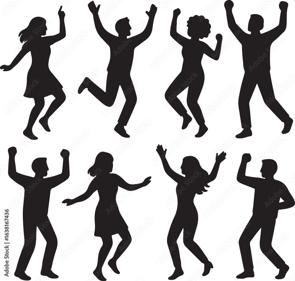 Fototapeta premium vector set of silhouttee dancing people in joyful celebration poses on white background