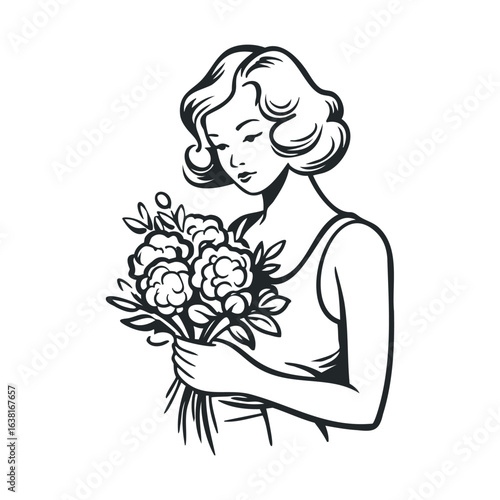 Woman with bouquet of flowers in gentle embrace of nature