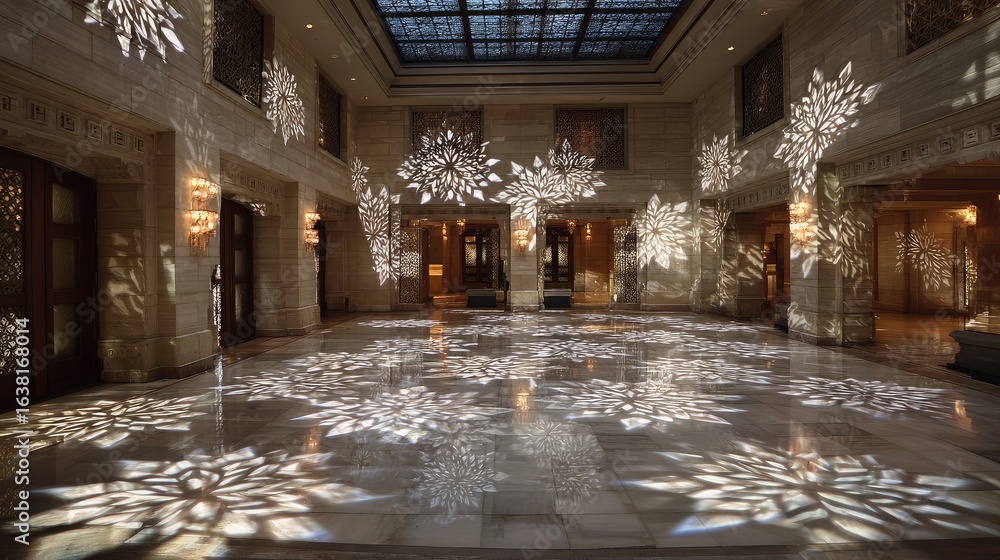 Fototapeta premium Patterned spotlight projection forming shapes across empty floor space