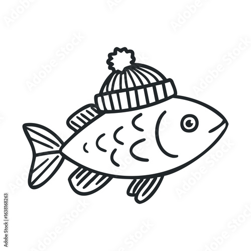 Fish wearing a knitted hat in a playful design for winter themes