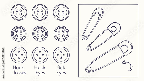 Illustration of various types of sewing buttons and safety pins, a vintage design element isolated on white background