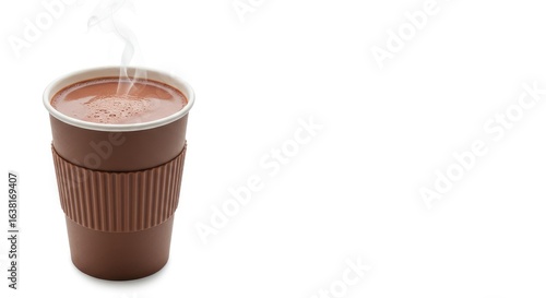 A brown disposable coffee cup filled with steaming hot chocolate