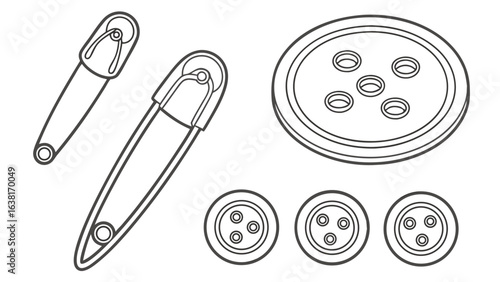 Illustration of various types of sewing buttons and safety pins, a vintage design element isolated on white background