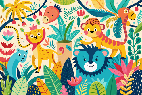 Vibrant jungle animals in playful vector art, cute bears, tigers and more, whimsical illustration perfect for children's designs, posters, and educational materials, colorful and fun