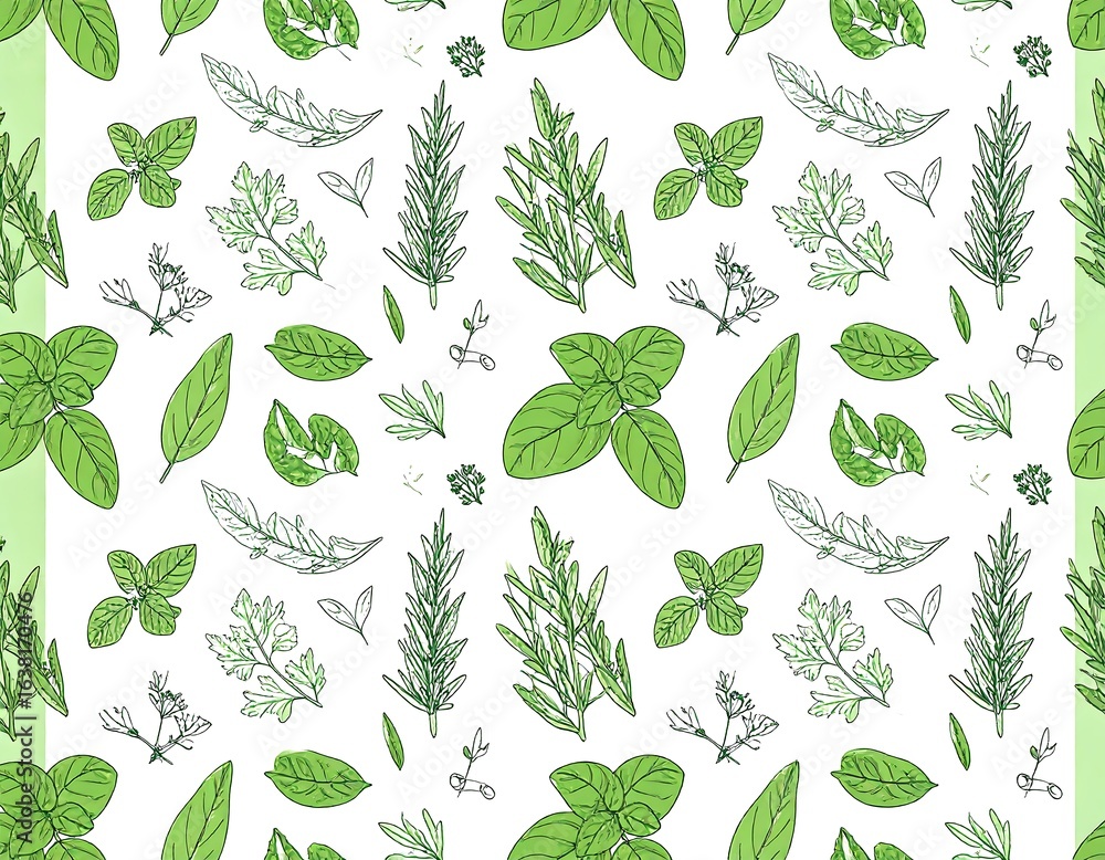 Fresh herb pattern on white