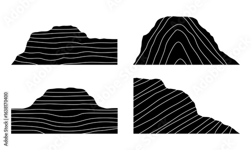 Black and white sedimentary rock mountain. Bedded rock